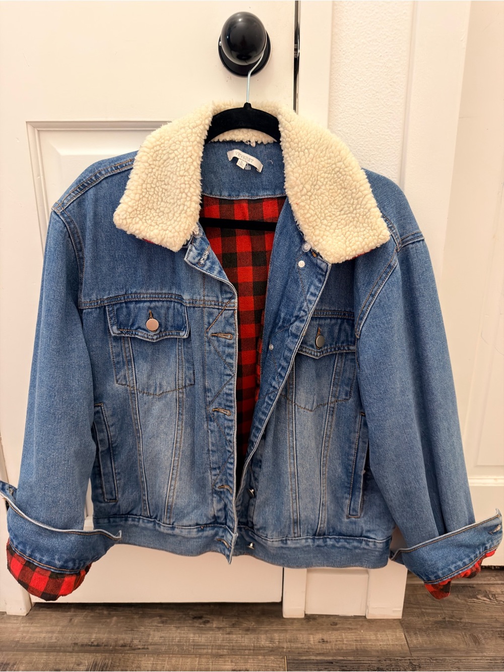 Sherpa-Lined Blue Denim Jacket with Red Plaid Interior